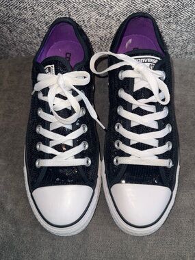 Converse Sequins Black Low-Top Sneakers with White Trim and Purple Insole